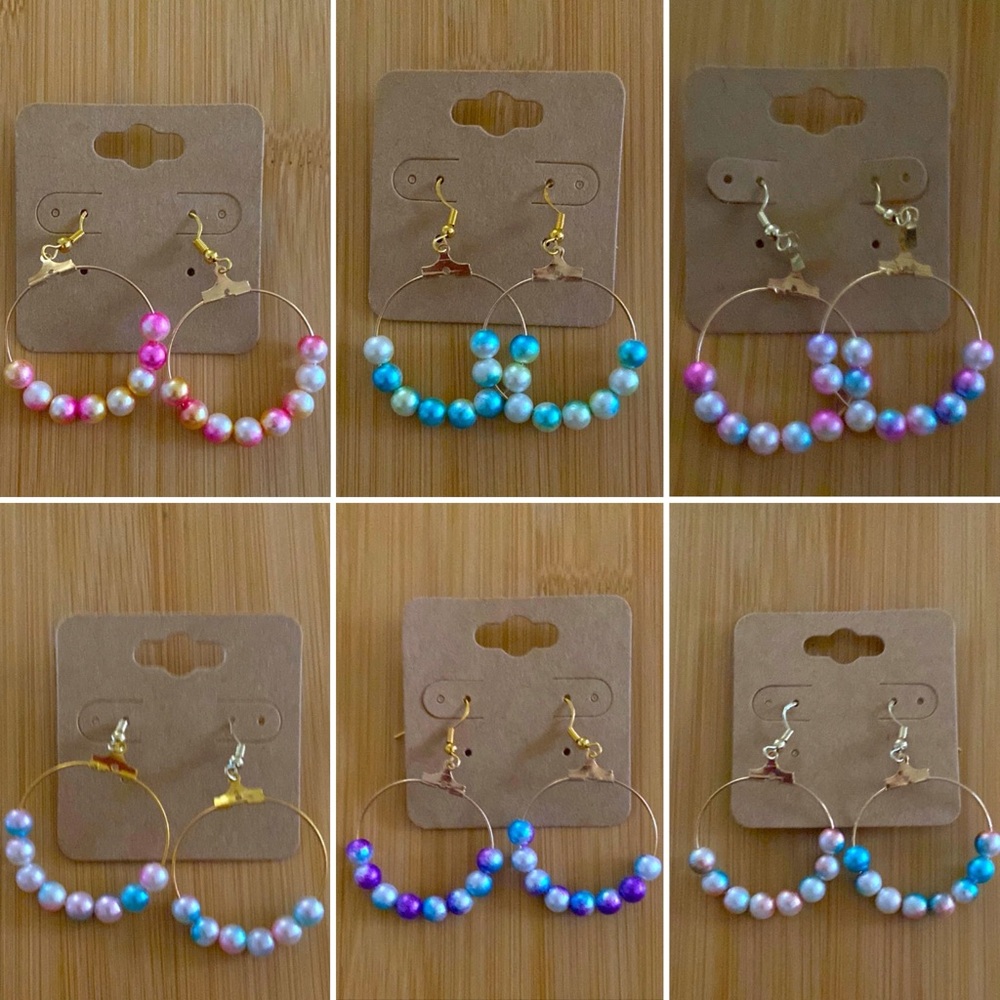 Handmade Gradient Mermaid Imitation Pearl Beaded Hoop Earrings (Set Of 6)